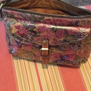 Patricia Nash Purple Floral Patent Crossbody with Brown Trim